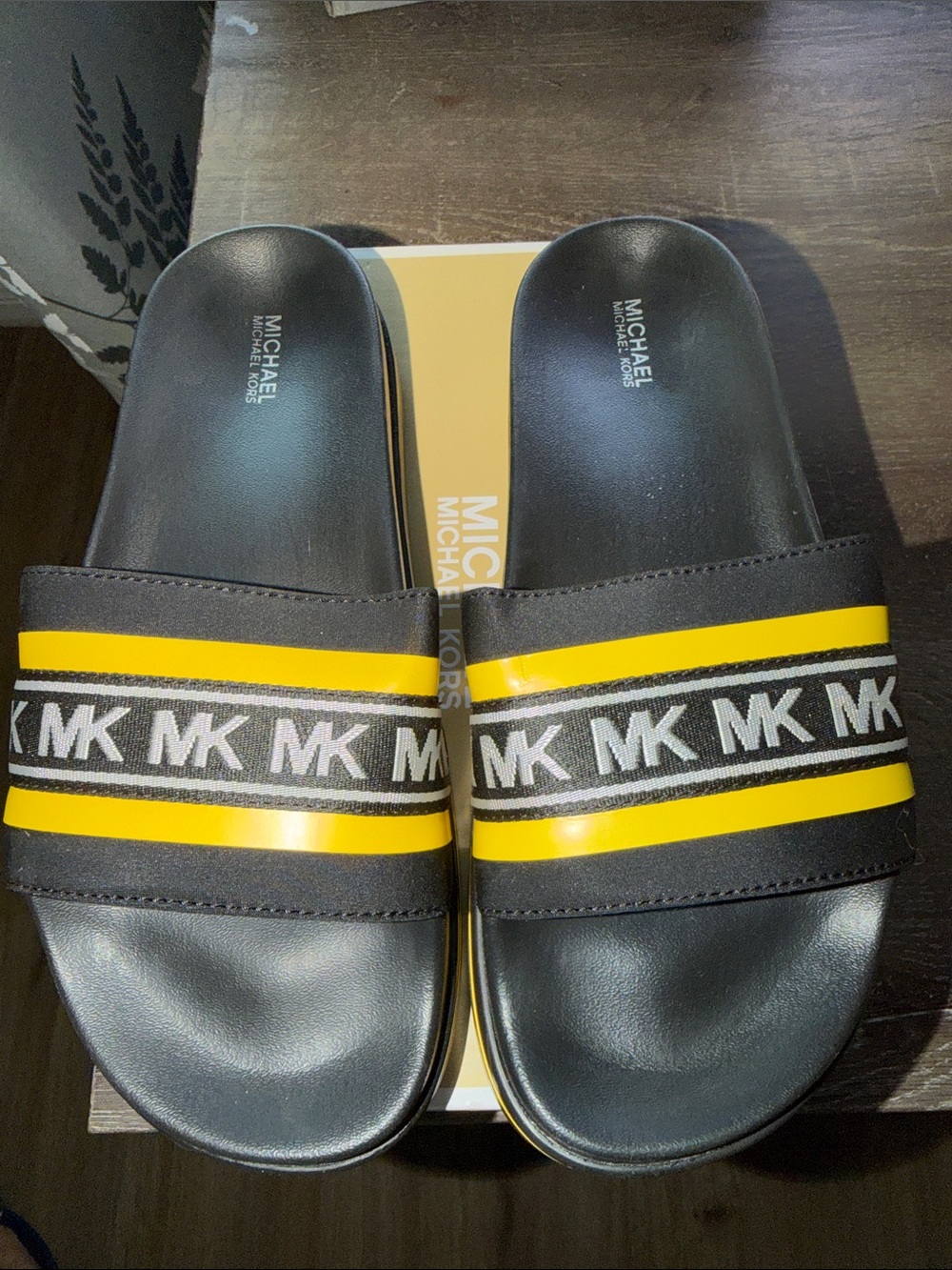 Michael Kors Black & Yellow MK Logo Slide Sandals